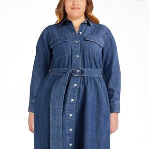 NWT Free Assembly Denim Shirt Dress XXL 20 Belted A-Line Elastic Waist Light Ind